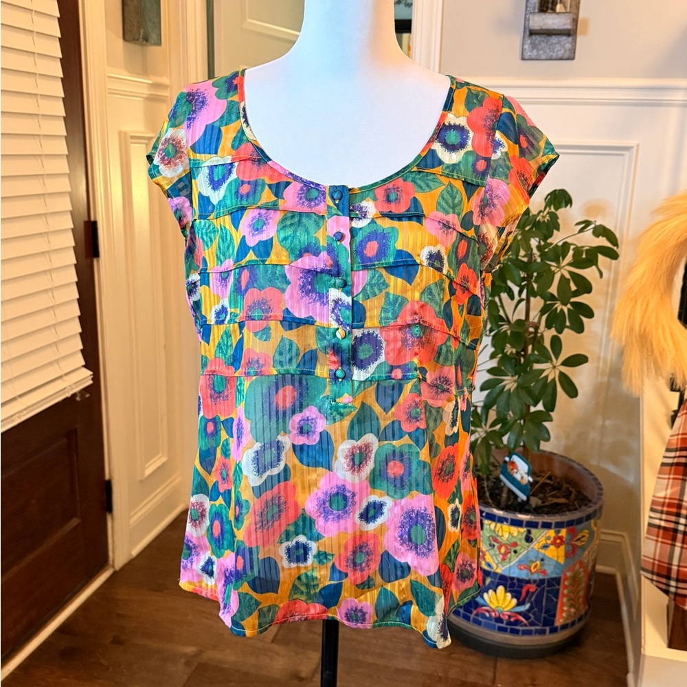 Modcloth NWOT Chiffon Multicolor Floral Button Front Semi Sheer Tiered Blouse - Picture 2 of 6